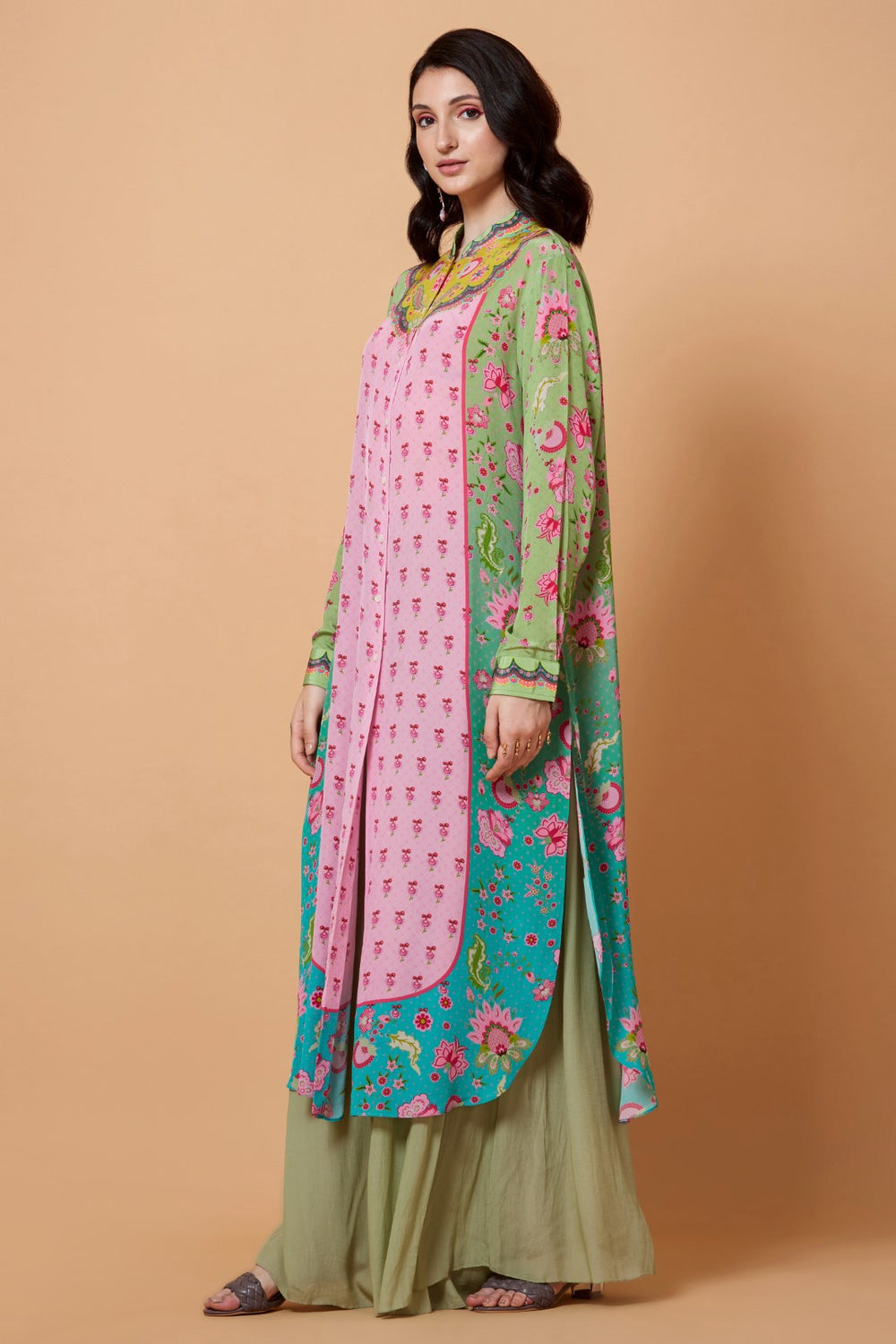 Yellow Yoke Floral Print,Turquoise Ombre, Baby Pink Color Sb Signature Shirt Dress With Mandarin Collar-Siddhartha Bansal