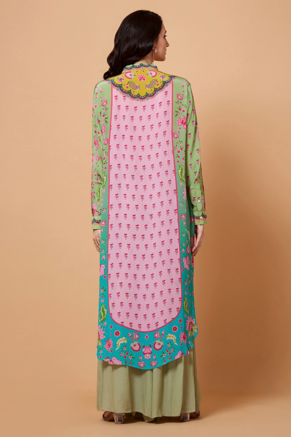 Yellow Yoke Floral Print,Turquoise Ombre, Baby Pink Color Sb Signature Shirt Dress With Mandarin Collar-Siddhartha Bansal
