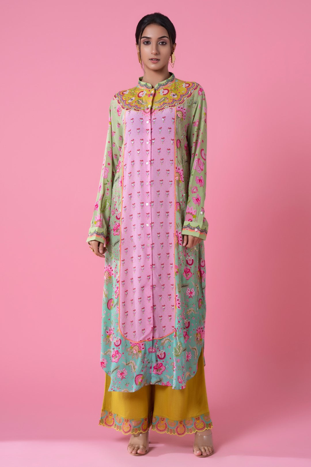 Turquoise Ombre, Baby Pink Color Embllished Shirt Dress-Siddhartha Bansal