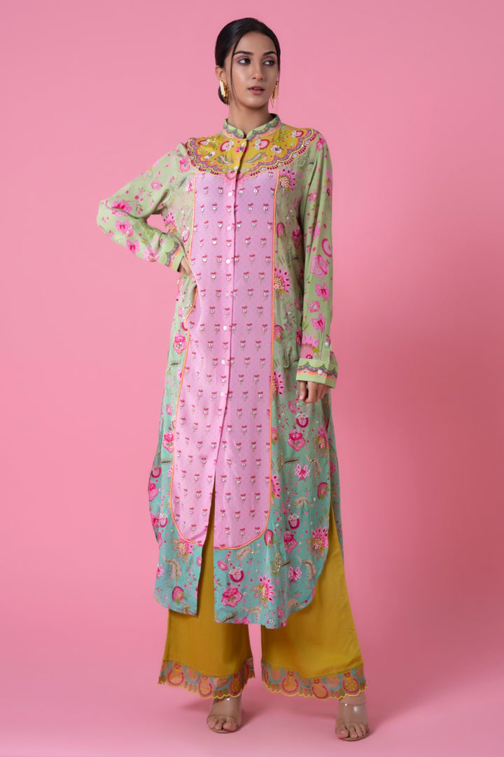 Turquoise Ombre, Baby Pink Color Embllished Shirt Dress-Siddhartha Bansal