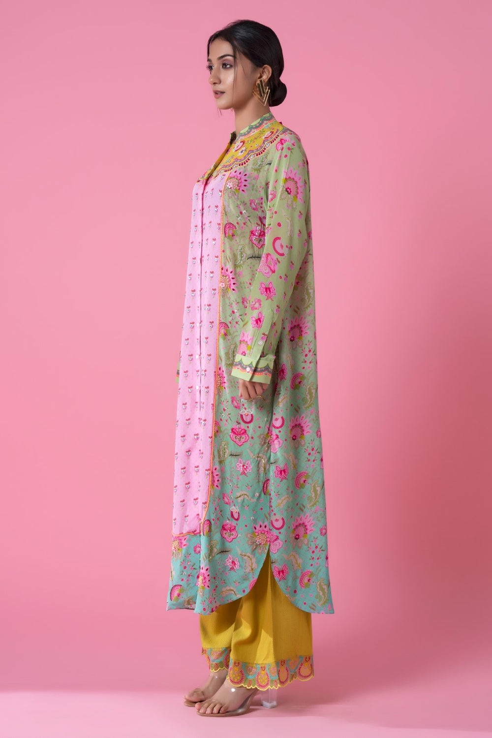 Turquoise Ombre, Baby Pink Color Embllished Shirt Dress-Siddhartha Bansal