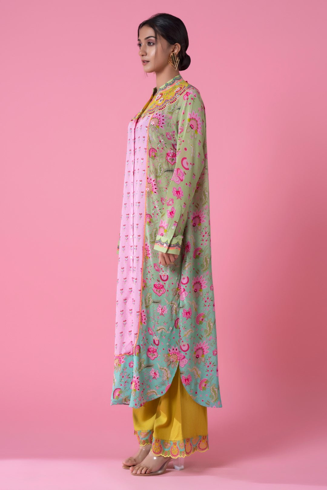 Turquoise Ombre, Baby Pink Color Embllished Shirt Dress-Siddhartha Bansal