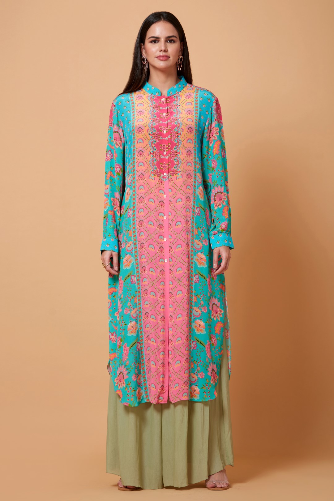 Sea Green And Pink Panel All Over Floral Print Sb Signature Shirt Dress With Mandarin Collar-Siddhartha Bansal
