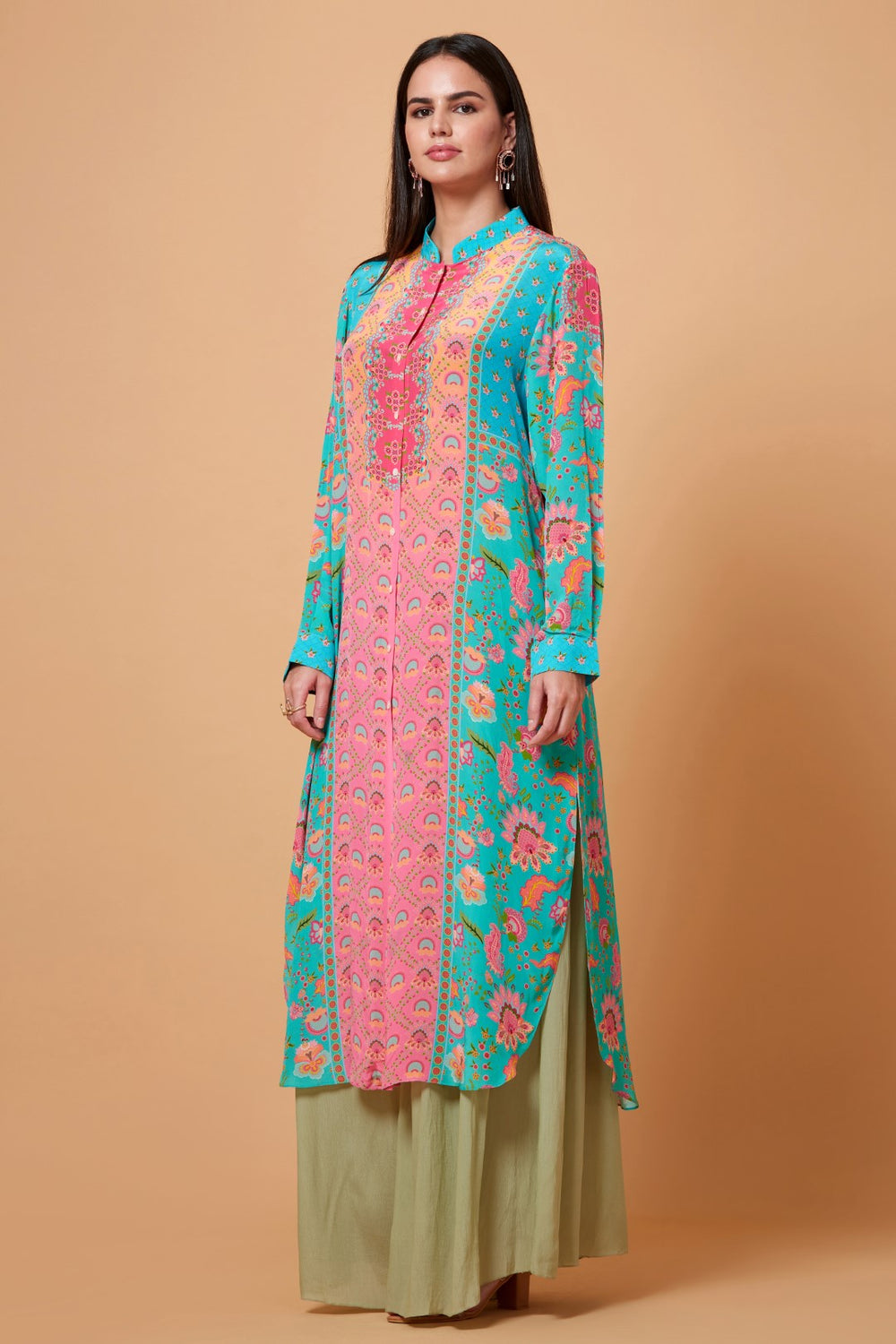 Sea Green And Pink Panel All Over Floral Print Sb Signature Shirt Dress With Mandarin Collar-Siddhartha Bansal
