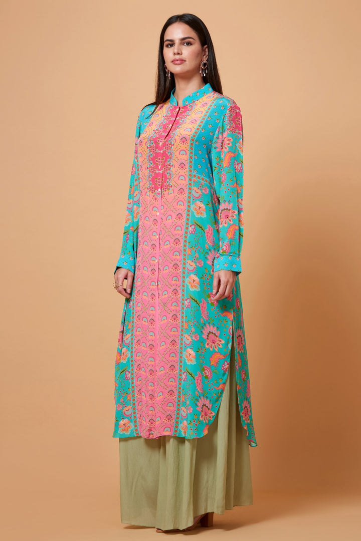 Sea Green And Pink Panel All Over Floral Print Sb Signature Shirt Dress With Mandarin Collar-Siddhartha Bansal