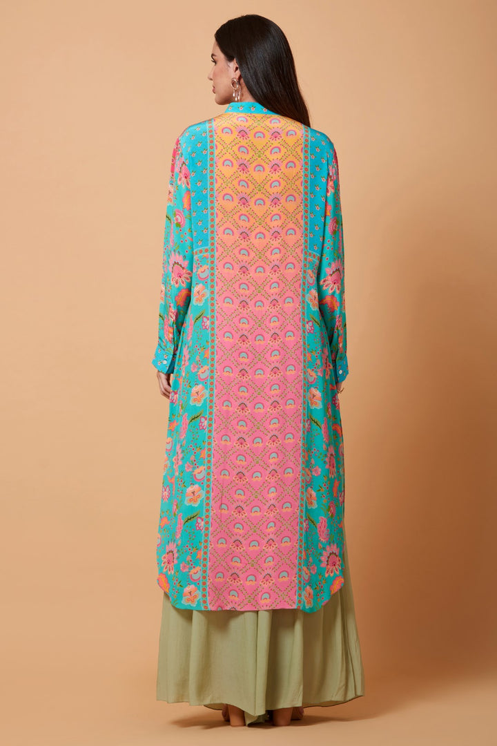 Sea Green And Pink Panel All Over Floral Print Sb Signature Shirt Dress With Mandarin Collar-Siddhartha Bansal