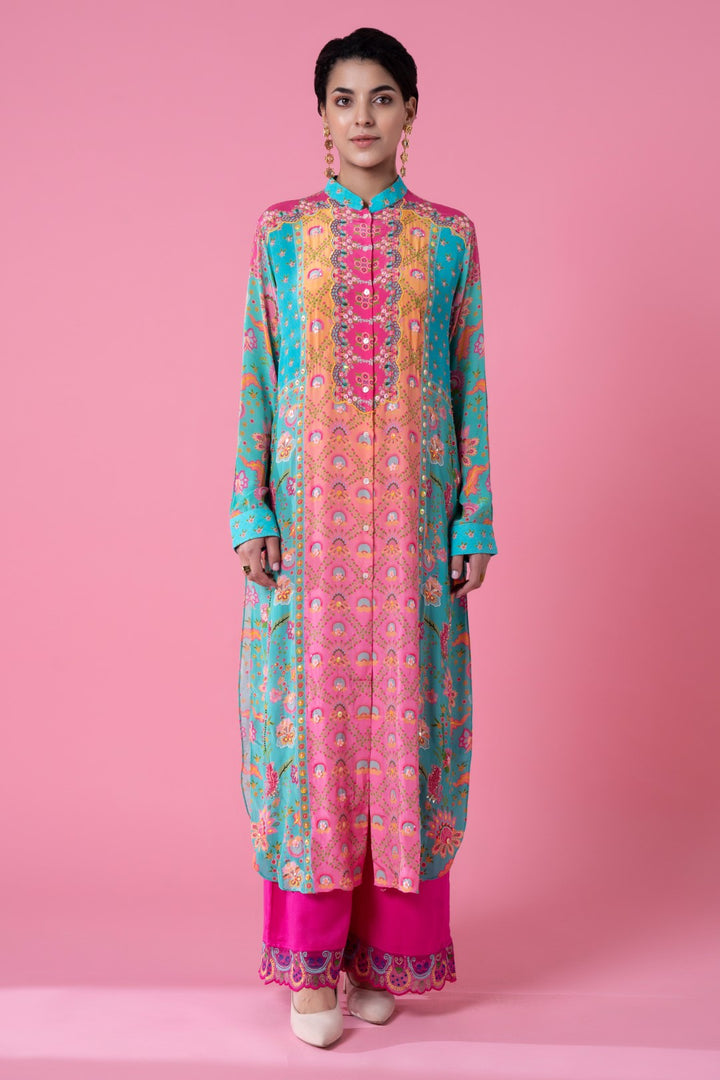 Sea Green And Pink Floral Print Embllished Shirt Dress-Siddhartha Bansal