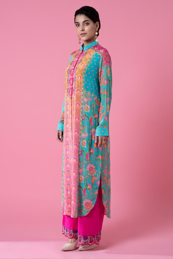 Sea Green And Pink Floral Print Embllished Shirt Dress-Siddhartha Bansal