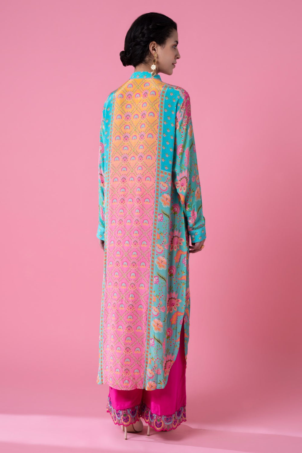 Sea Green And Pink Floral Print Embllished Shirt Dress-Siddhartha Bansal
