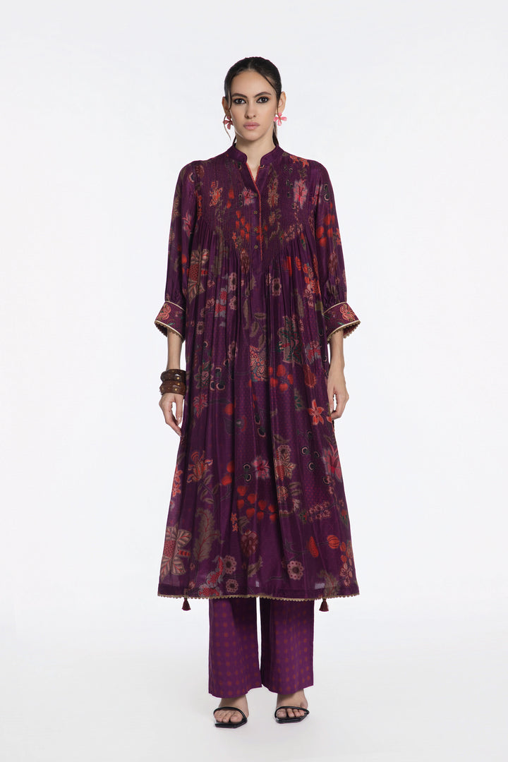 VINTAGE PLUM FLORA PINTUCK KURTA