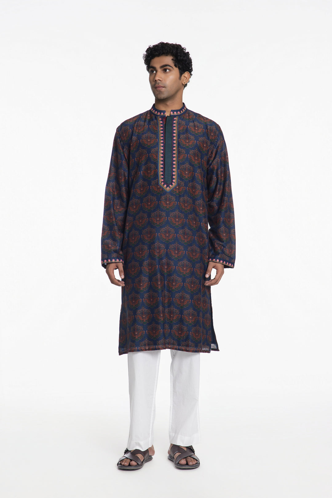 TEAL BLOOM ANTIQUE MOTIF FLORAL EMBROIDERED KURTA-Kurta-Siddhartha Bansal