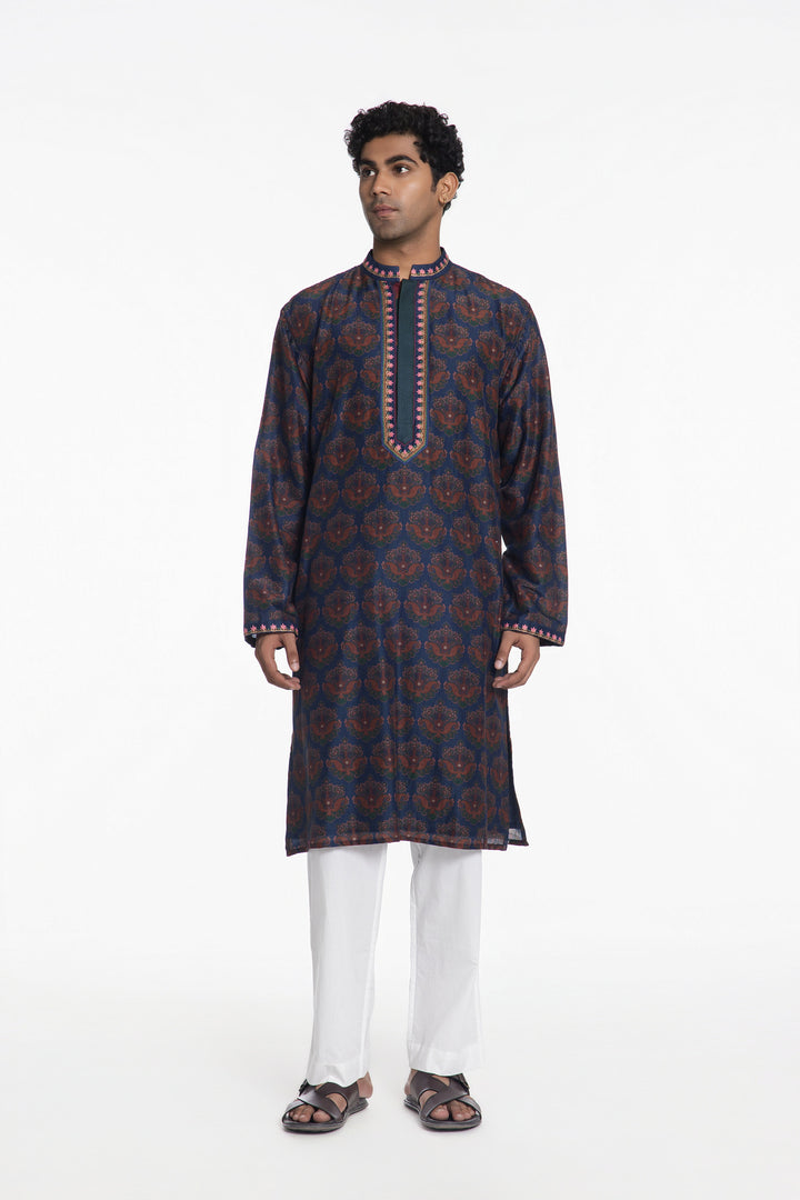 TEAL BLOOM ANTIQUE MOTIF FLORAL EMBROIDERED KURTA-Kurta-Siddhartha Bansal