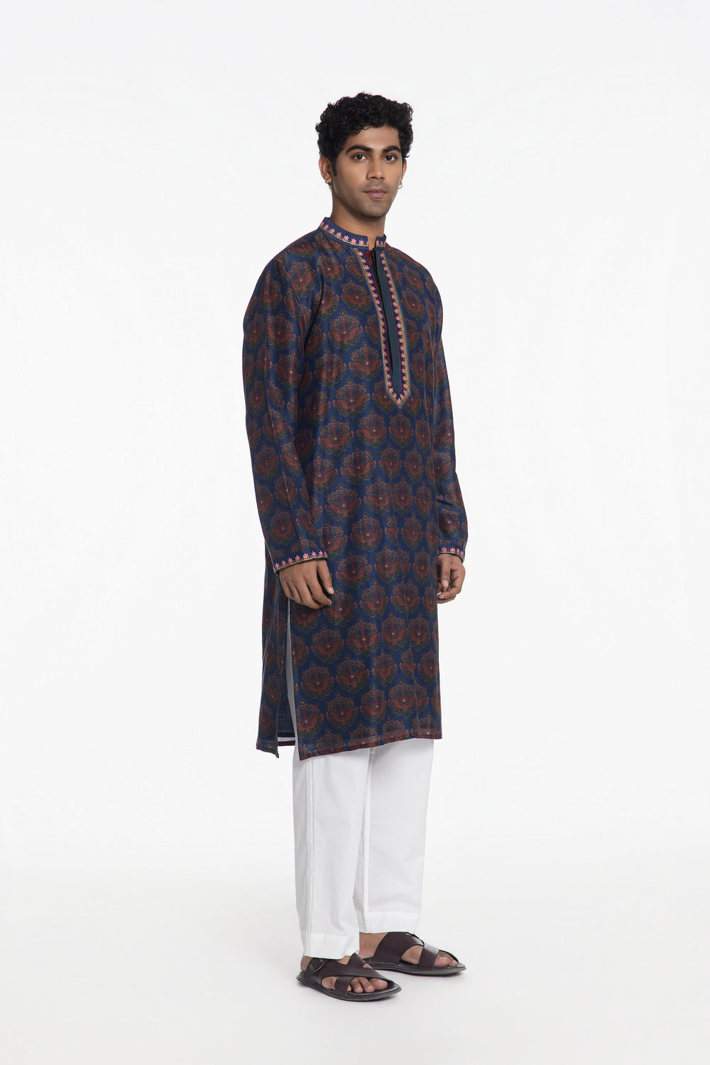 TEAL BLOOM ANTIQUE MOTIF FLORAL EMBROIDERED KURTA-Kurta-Siddhartha Bansal
