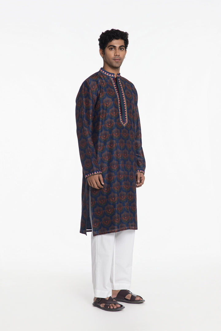 TEAL BLOOM ANTIQUE MOTIF FLORAL EMBROIDERED KURTA-Kurta-Siddhartha Bansal
