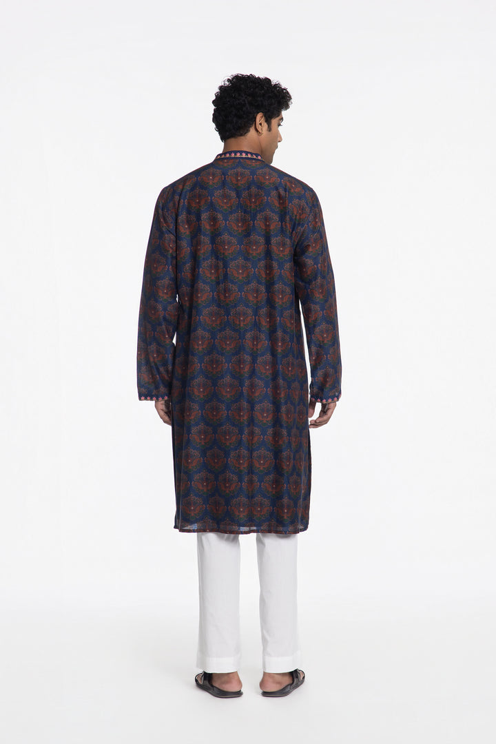 TEAL BLOOM ANTIQUE MOTIF FLORAL EMBROIDERED KURTA-Kurta-Siddhartha Bansal