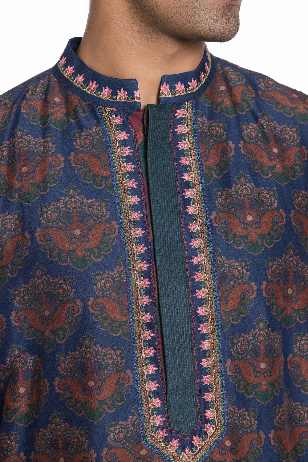 TEAL BLOOM ANTIQUE MOTIF FLORAL EMBROIDERED KURTA-Kurta-Siddhartha Bansal