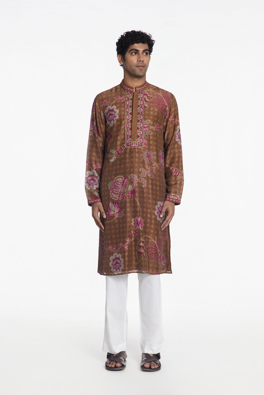 AMBER BROWN RANGREZ ROYALE EMBROIDERED KURTA-Kurta-Siddhartha Bansal