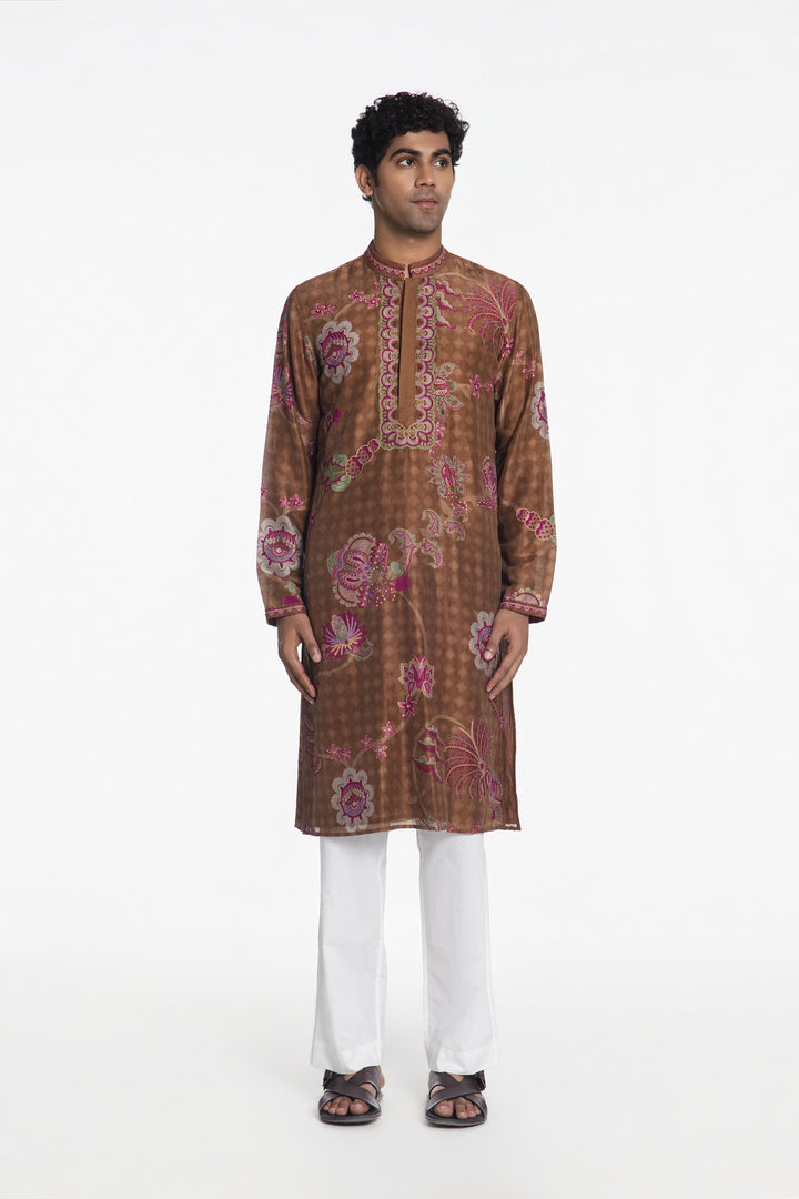 AMBER BROWN RANGREZ ROYALE EMBROIDERED KURTA-Kurta-Siddhartha Bansal