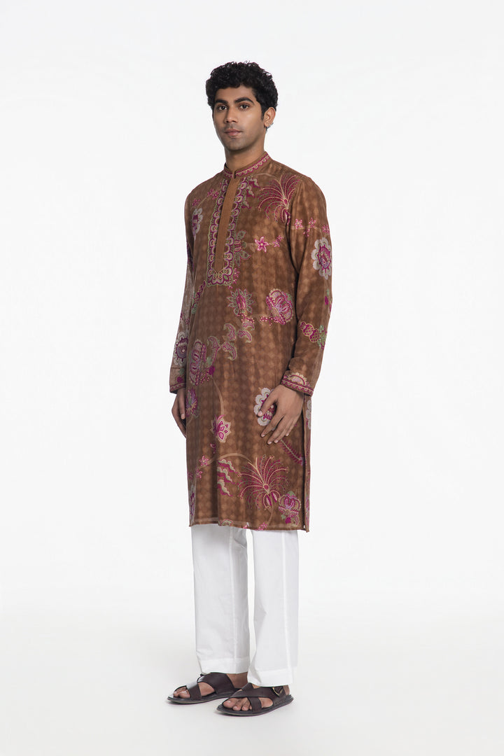 AMBER BROWN RANGREZ ROYALE EMBROIDERED KURTA-Kurta-Siddhartha Bansal