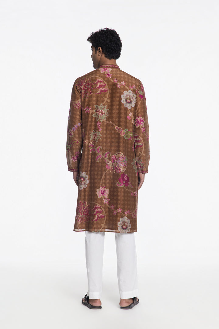 AMBER BROWN RANGREZ ROYALE EMBROIDERED KURTA-Kurta-Siddhartha Bansal