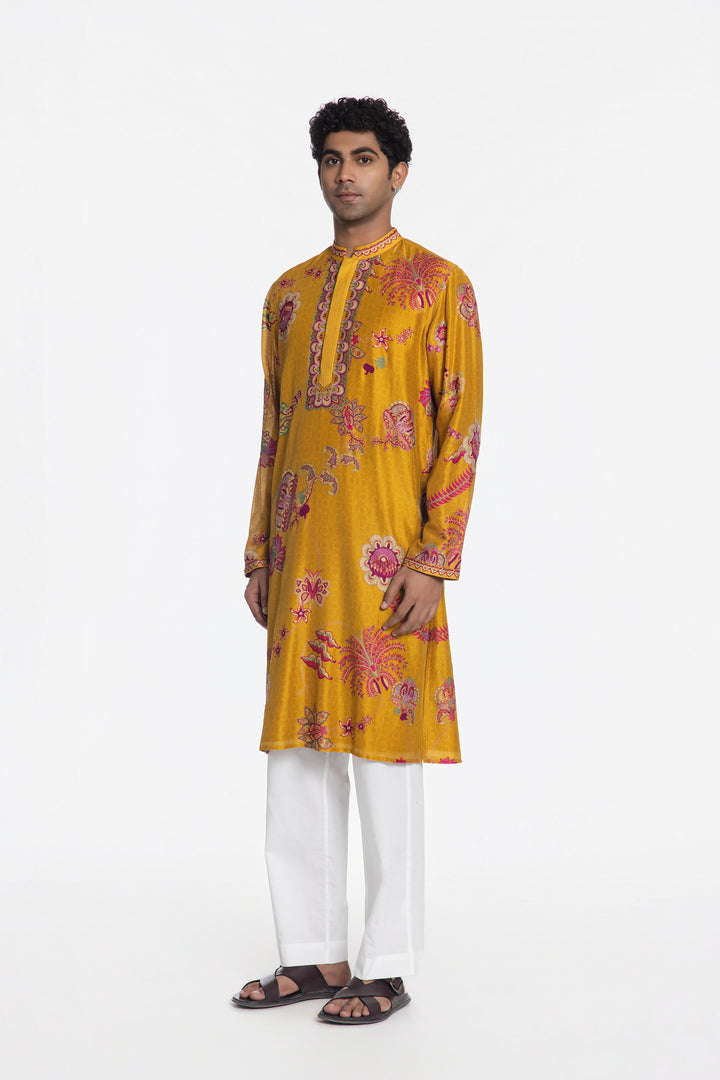 REGAL BAHAR PINK PETAL YELLOW EMBROIDERED KURTA-Kurta-Siddhartha Bansal