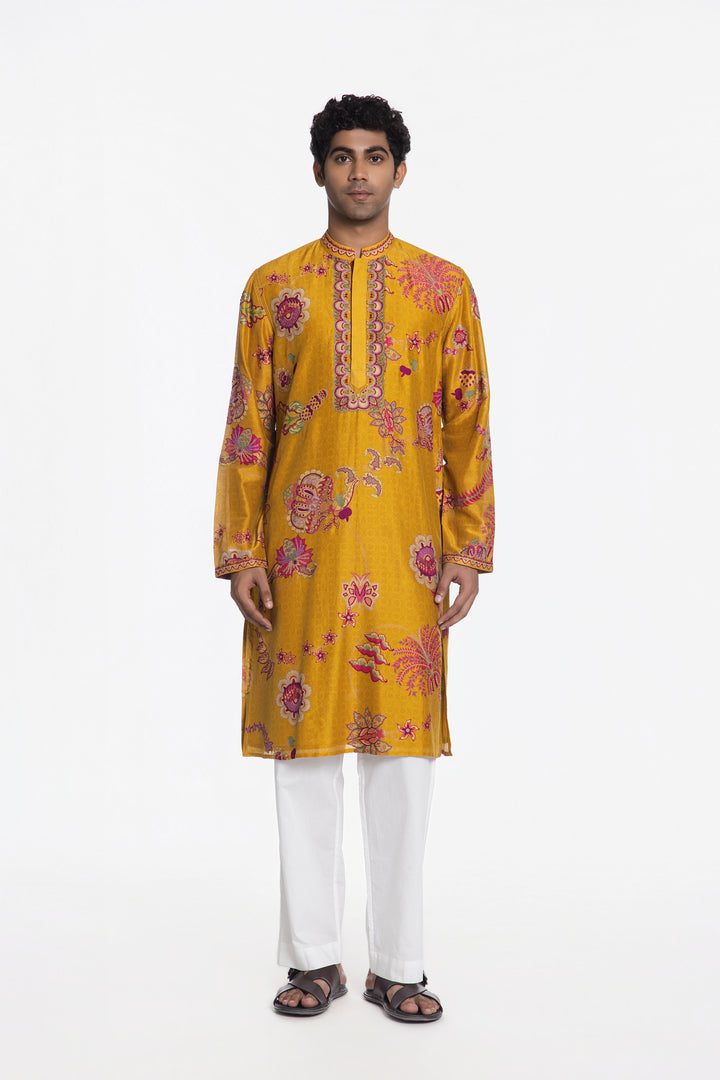 REGAL BAHAR PINK PETAL YELLOW EMBROIDERED KURTA-Kurta-Siddhartha Bansal