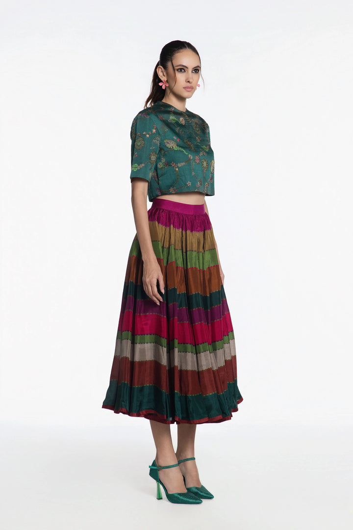 Green Peacock Skirt Set-Skirt-Siddhartha Bansal