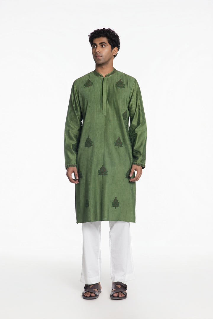 FOREST GREEN DORI PINTUCK KURTA-Kurta-Siddhartha Bansal