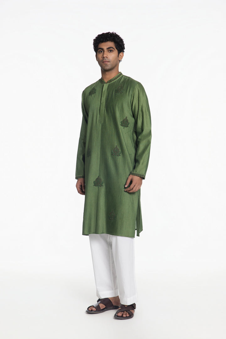 FOREST GREEN DORI PINTUCK KURTA-Kurta-Siddhartha Bansal