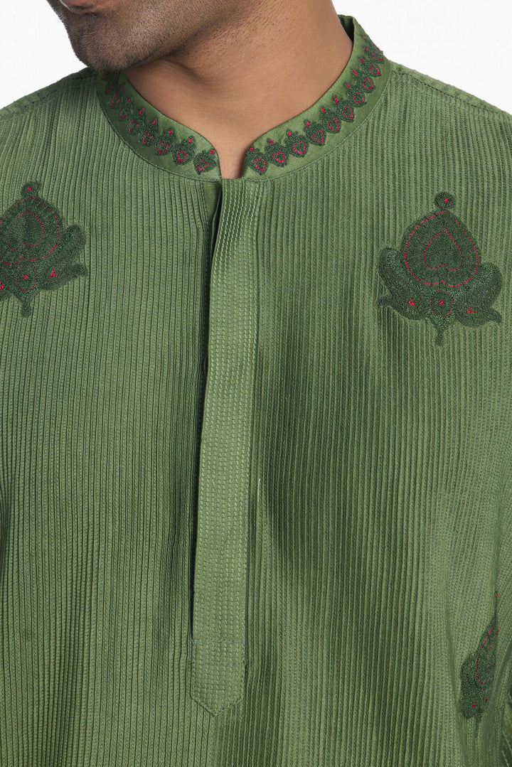 FOREST GREEN DORI PINTUCK KURTA-Kurta-Siddhartha Bansal