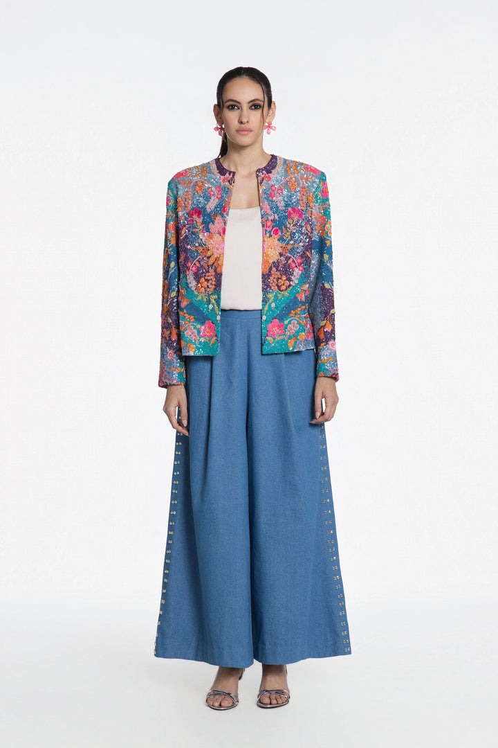 Midnight Bloom Embroidered Jacket With Blue Denim Flared Pant-Jacket-Siddhartha Bansal