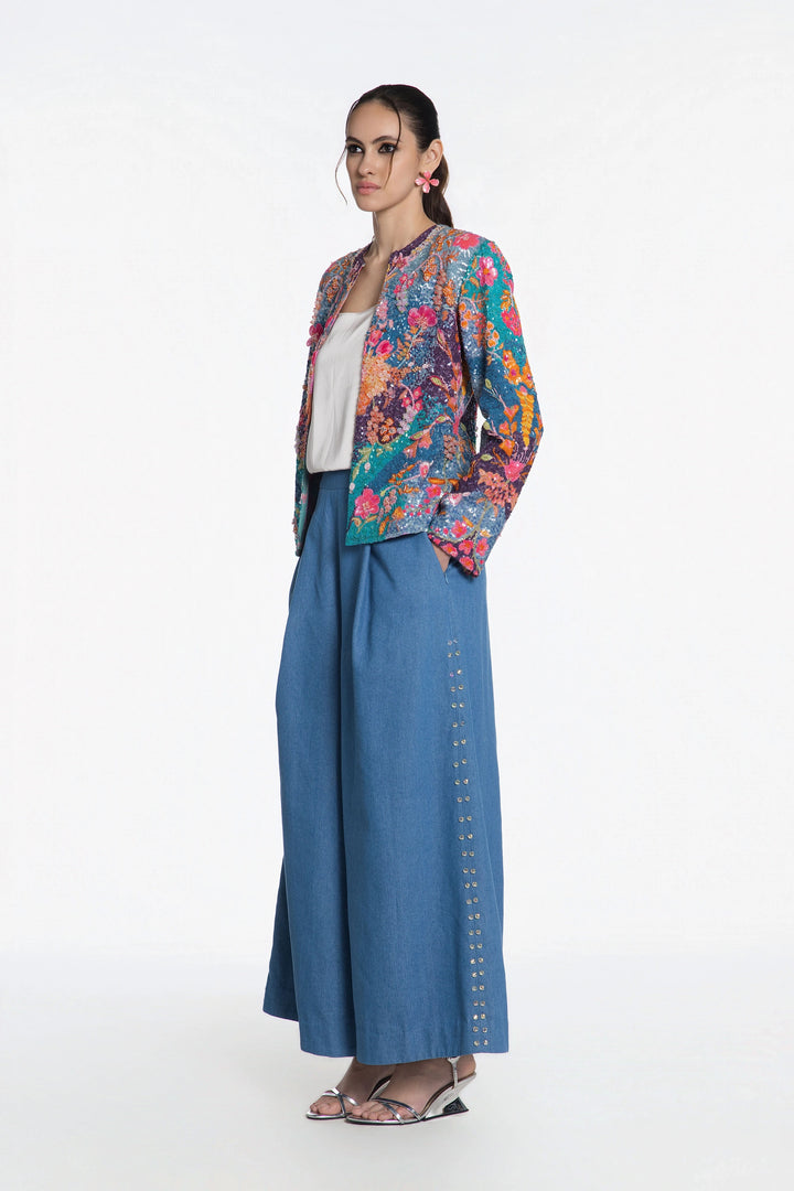 Midnight Bloom Embroidered Jacket With Blue Denim Flared Pant-Jacket-Siddhartha Bansal