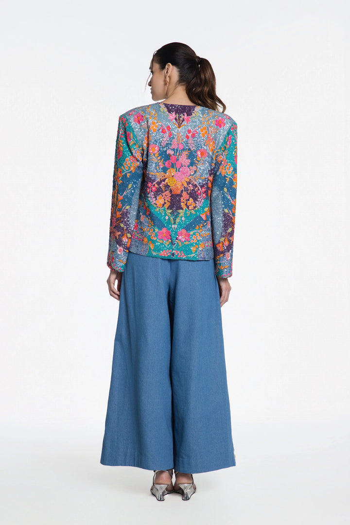 Midnight Bloom Embroidered Jacket With Blue Denim Flared Pant-Jacket-Siddhartha Bansal