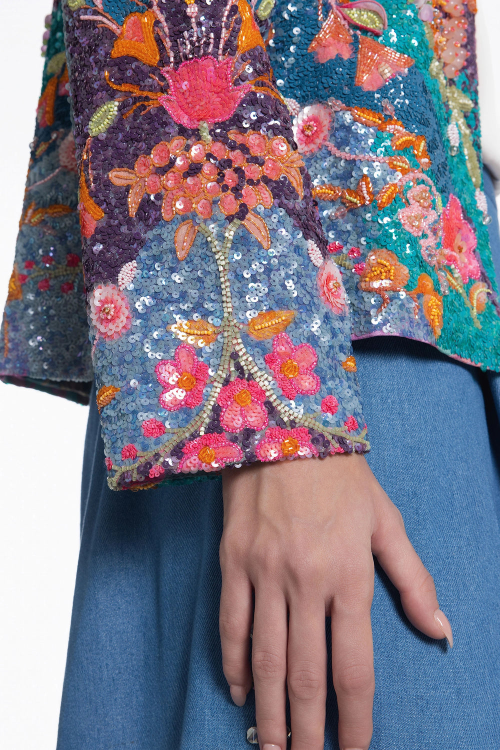 Midnight Bloom Embroidered Jacket With Blue Denim Flared Pant-Jacket-Siddhartha Bansal