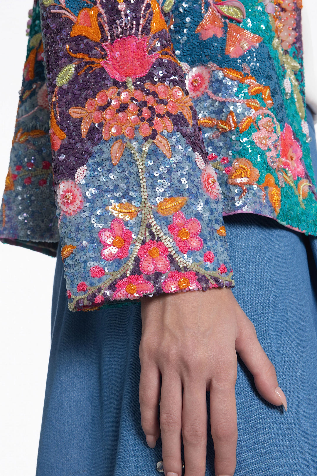 Midnight Bloom Embroidered Jacket With Blue Denim Flared Pant-Jacket-Siddhartha Bansal