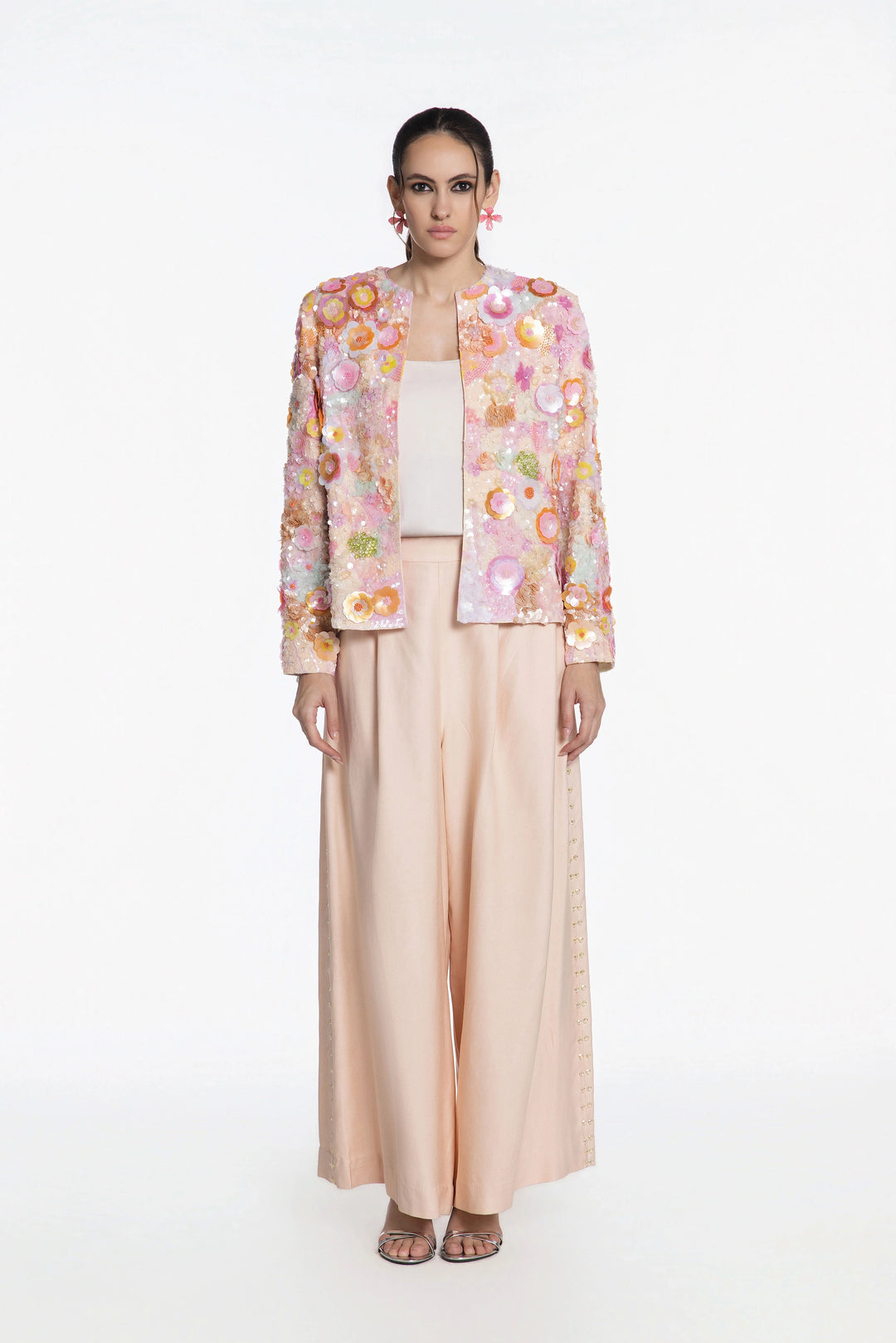 Blush Bloom 3D Embellished Front Open Jacket With Peach Denim Flared Pant-Jacket-Siddhartha Bansal