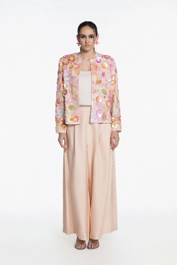 Blush Bloom 3D Embellished Front Open Jacket With Peach Denim Flared Pant-Jacket-Siddhartha Bansal