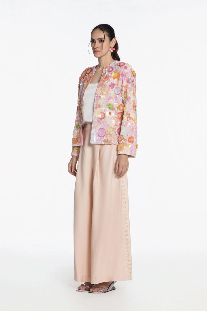 Blush Bloom 3D Embellished Front Open Jacket With Peach Denim Flared Pant-Jacket-Siddhartha Bansal