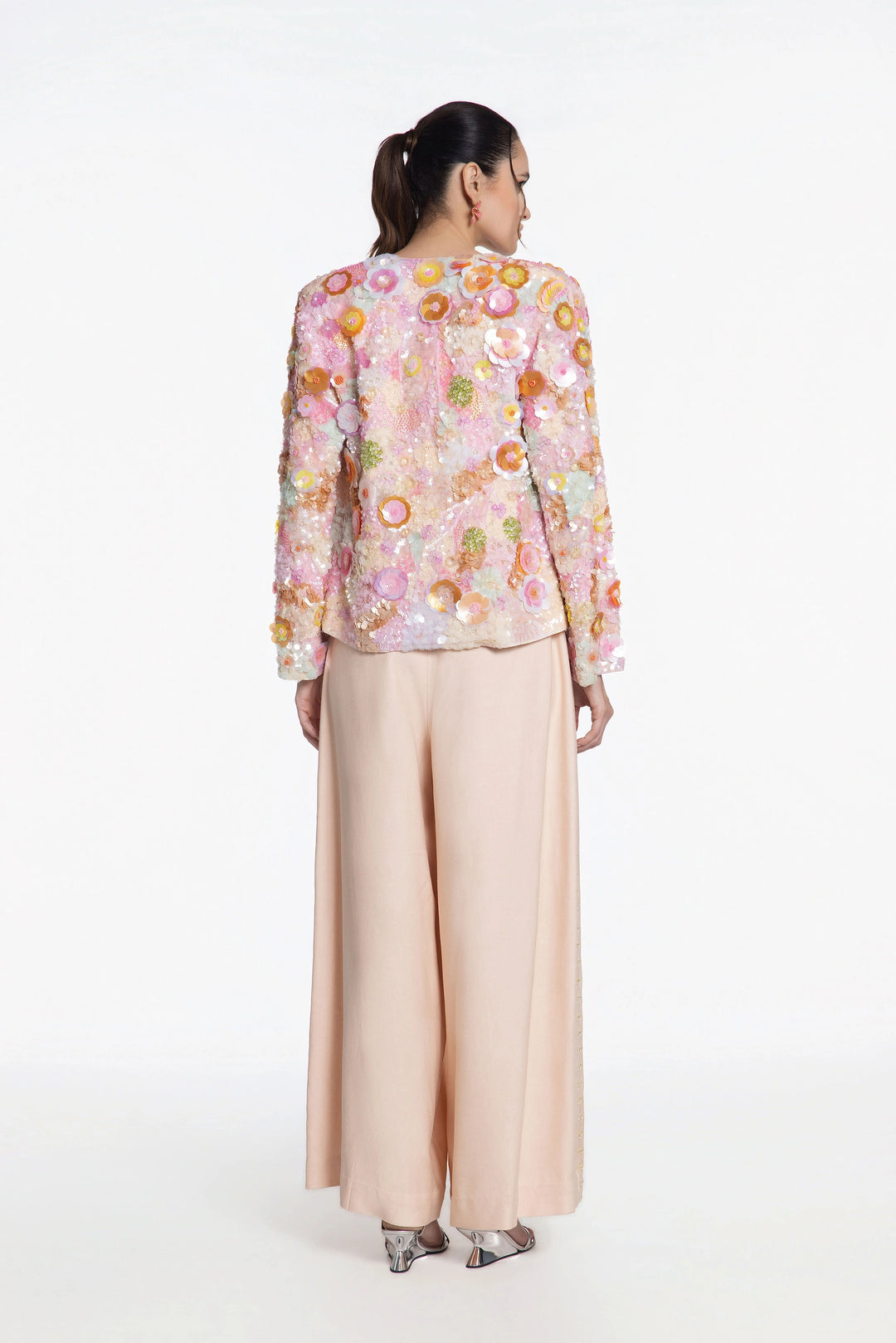 Blush Bloom 3D Embellished Front Open Jacket With Peach Denim Flared Pant-Jacket-Siddhartha Bansal