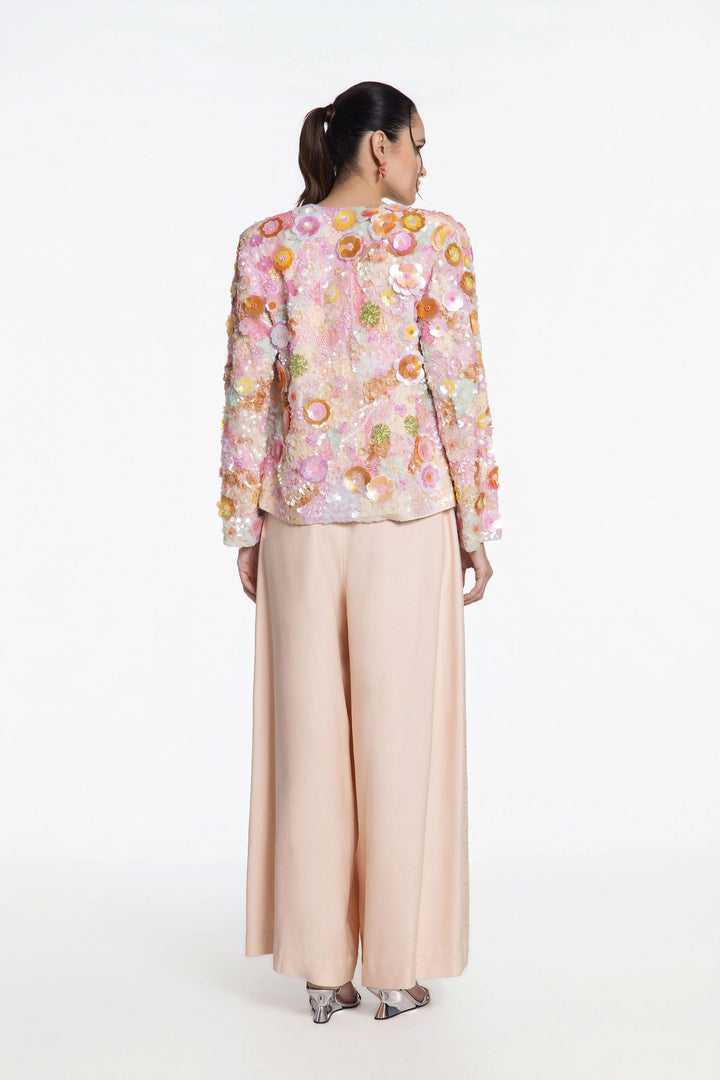 Blush Bloom 3D Embellished Front Open Jacket With Peach Denim Flared Pant-Jacket-Siddhartha Bansal
