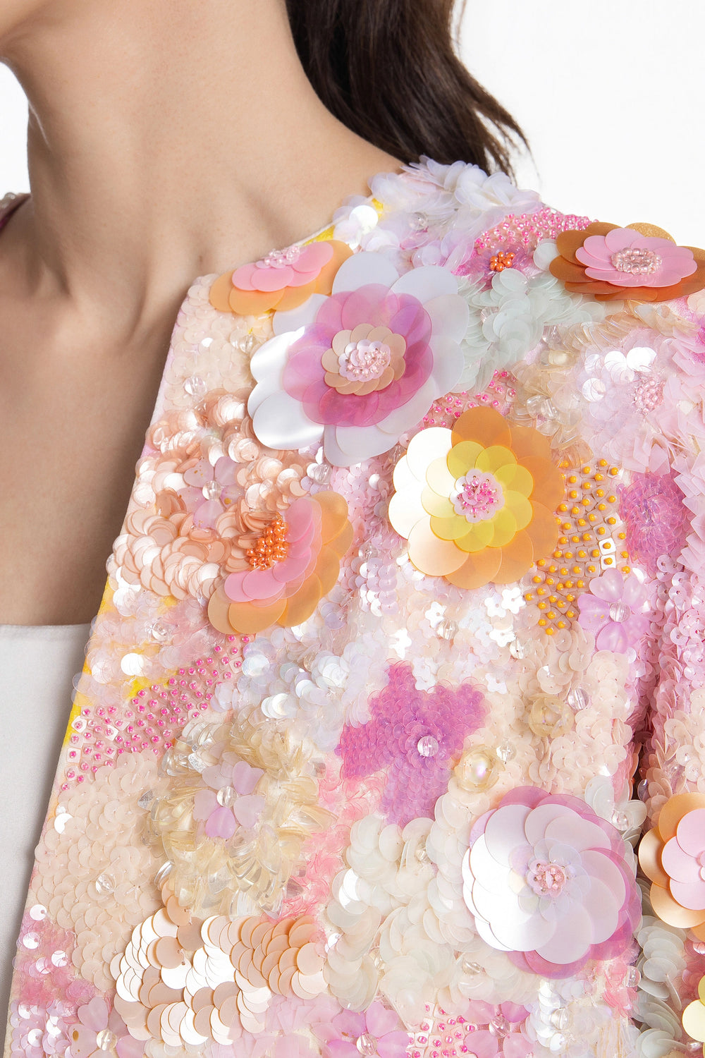 Blush Bloom 3D Embellished Front Open Jacket With Peach Denim Flared Pant-Jacket-Siddhartha Bansal