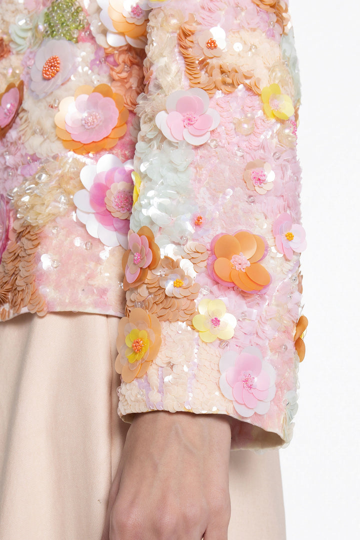 Blush Bloom 3D Embellished Front Open Jacket With Peach Denim Flared Pant-Jacket-Siddhartha Bansal