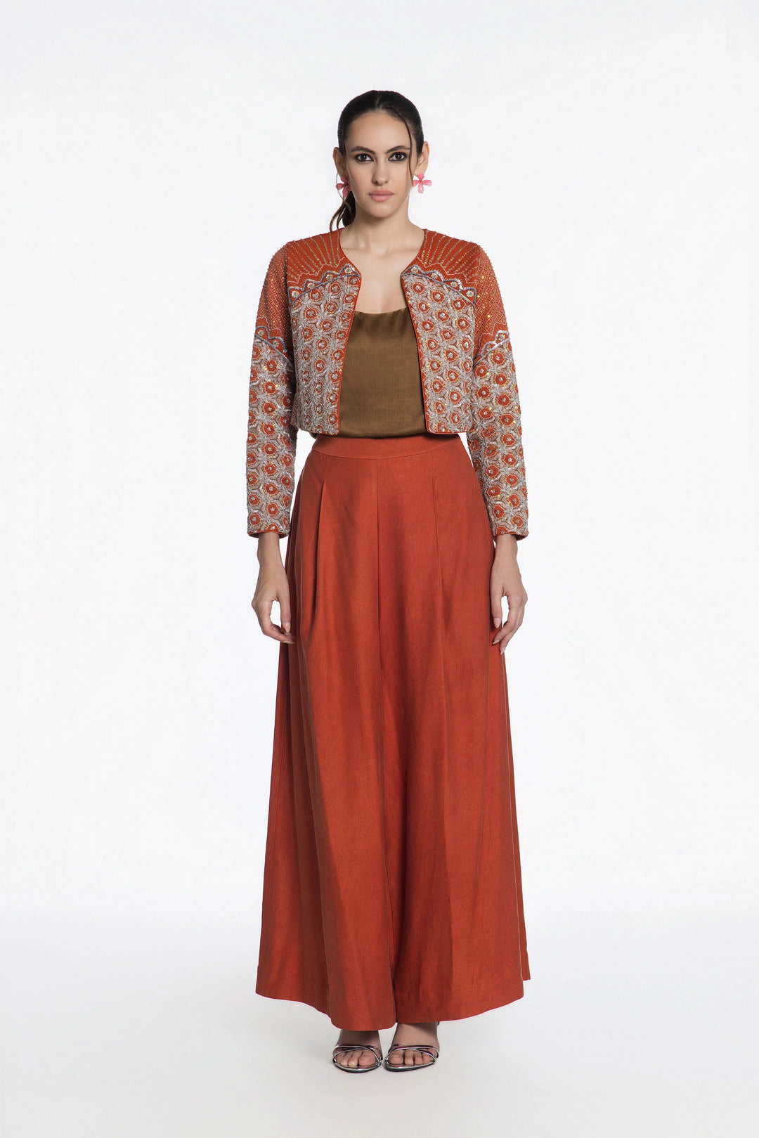 Rust Crop Jacket With Rust Denim Flared Pant-Jacket-Siddhartha Bansal