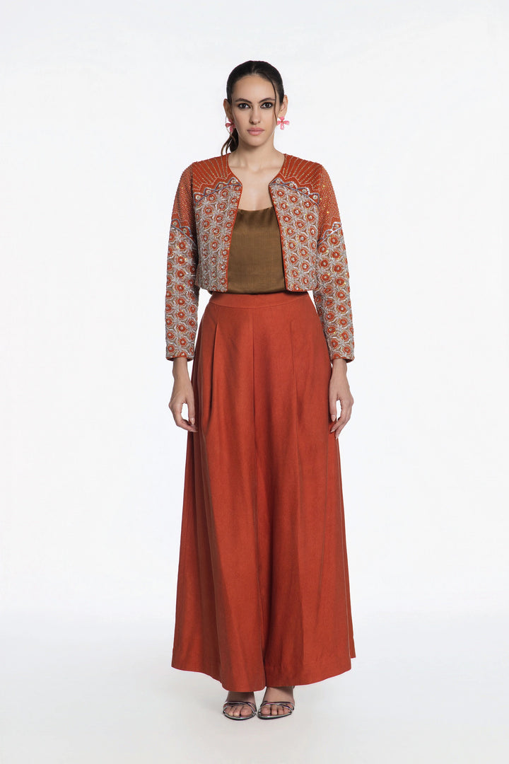 Rust Crop Jacket With Rust Denim Flared Pant-Jacket-Siddhartha Bansal
