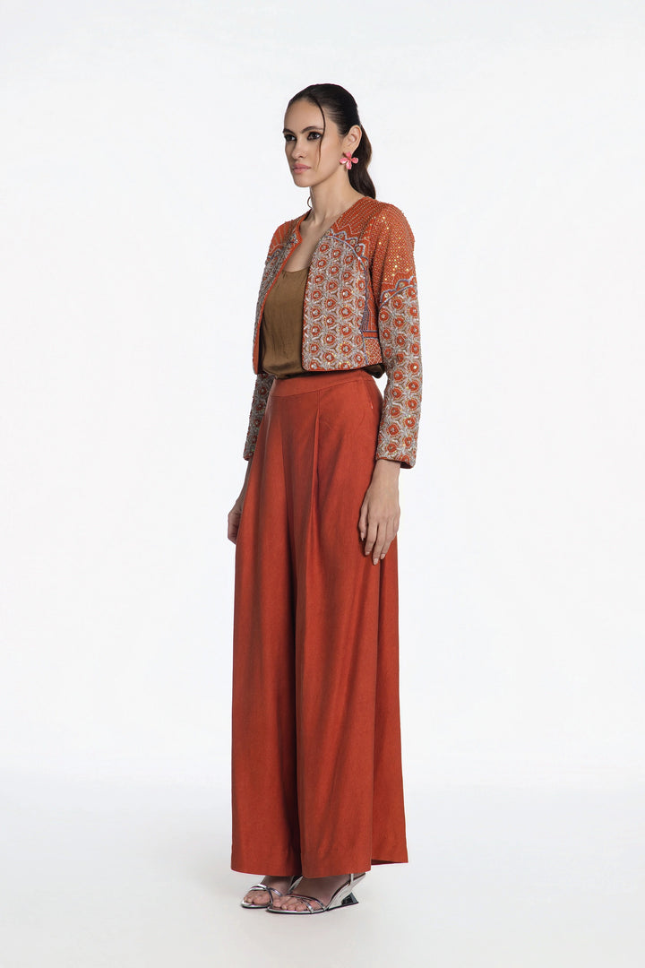 Rust Crop Jacket With Rust Denim Flared Pant-Jacket-Siddhartha Bansal