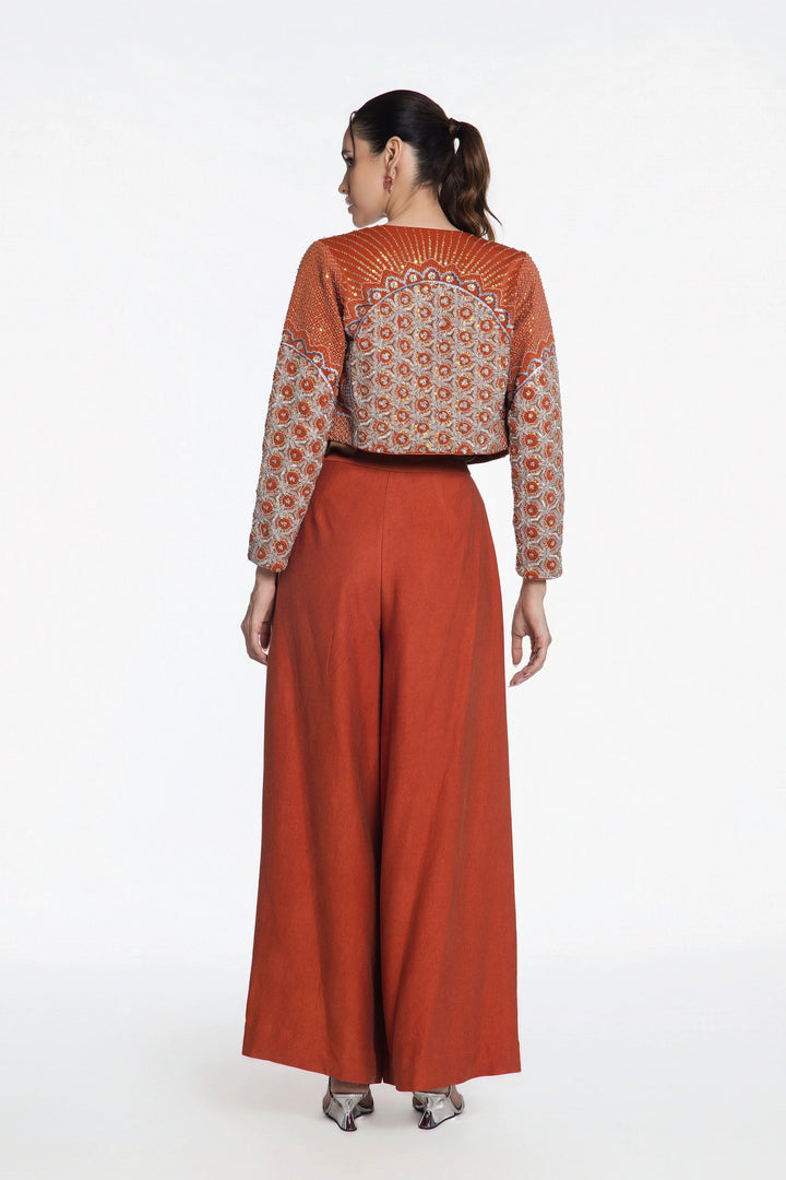 Rust Crop Jacket With Rust Denim Flared Pant-Jacket-Siddhartha Bansal