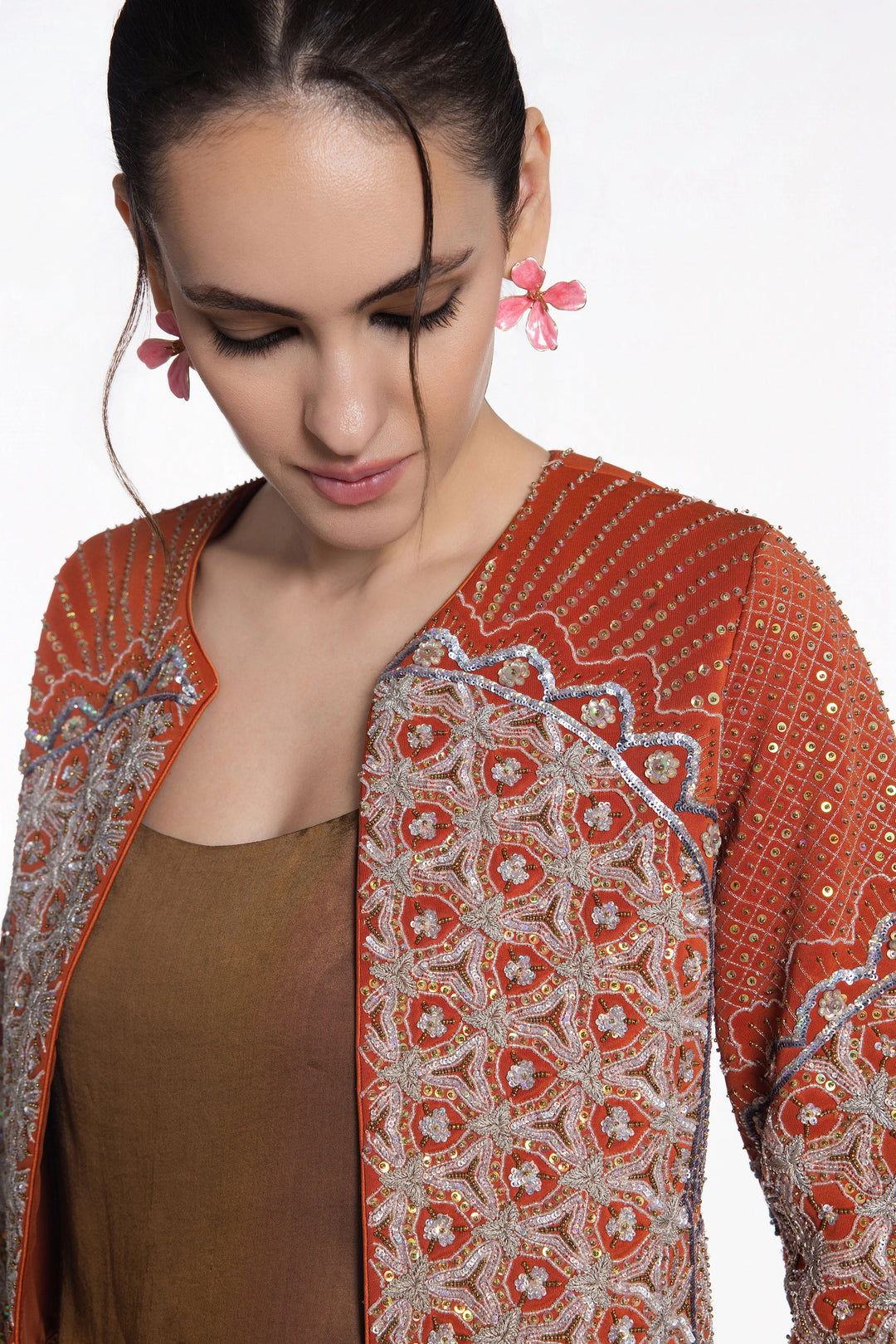 Rust Crop Jacket With Rust Denim Flared Pant-Jacket-Siddhartha Bansal