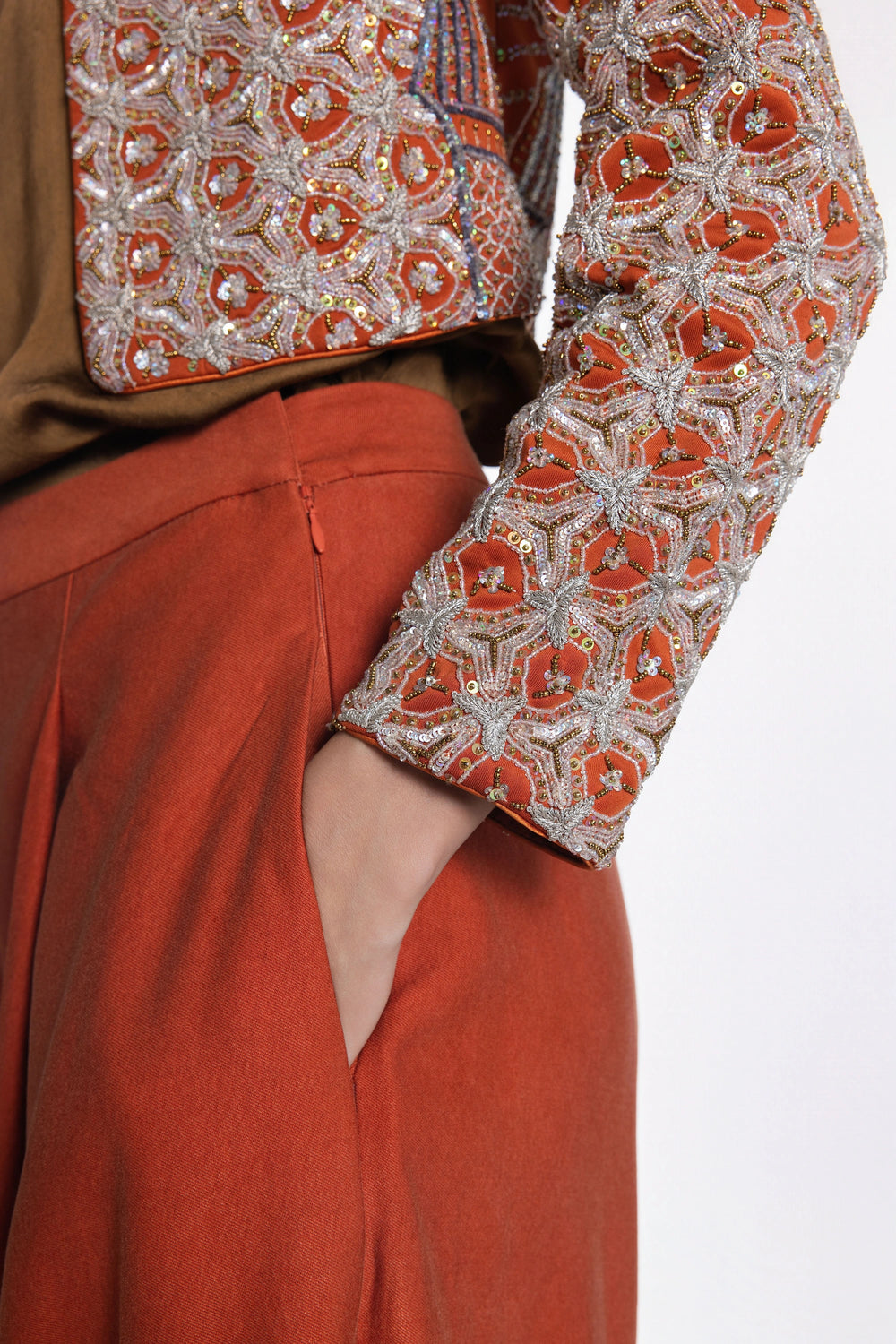 Rust Crop Jacket With Rust Denim Flared Pant-Jacket-Siddhartha Bansal
