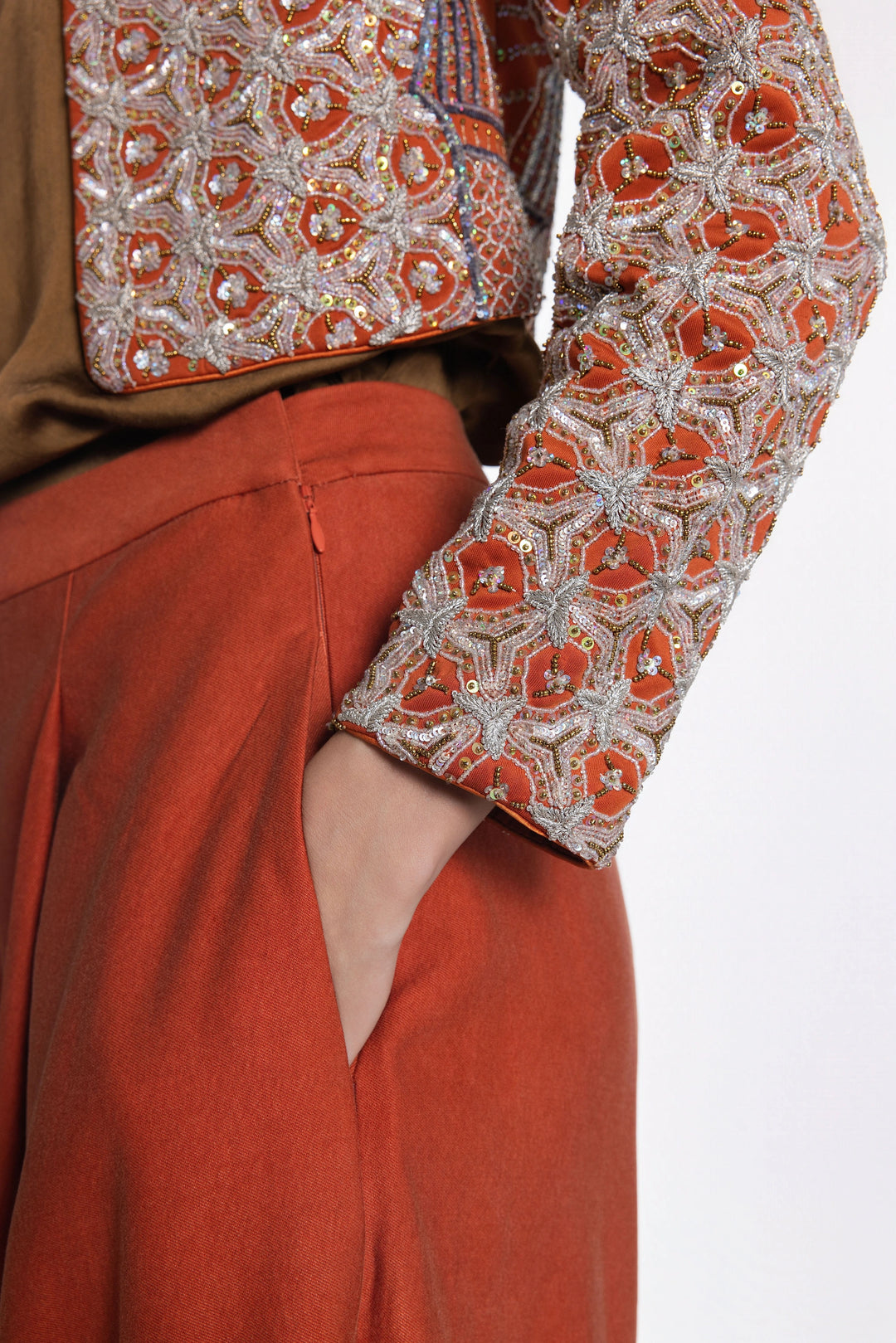 Rust Crop Jacket With Rust Denim Flared Pant-Jacket-Siddhartha Bansal