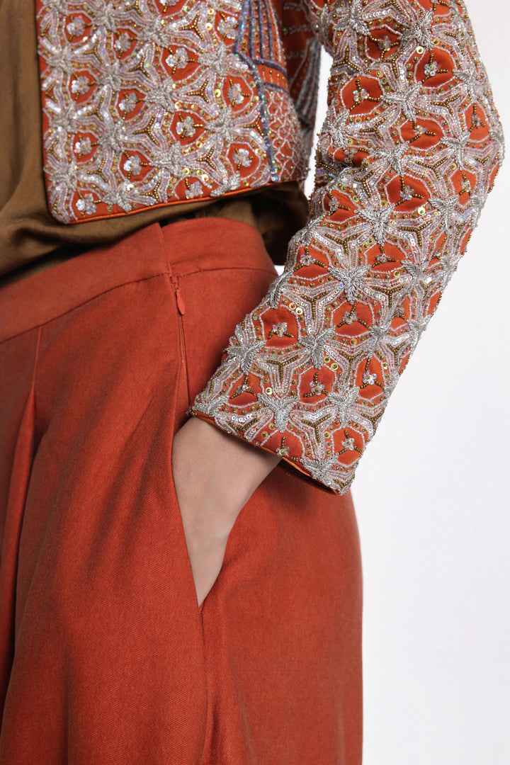 Rust Crop Jacket With Rust Denim Flared Pant-Jacket-Siddhartha Bansal